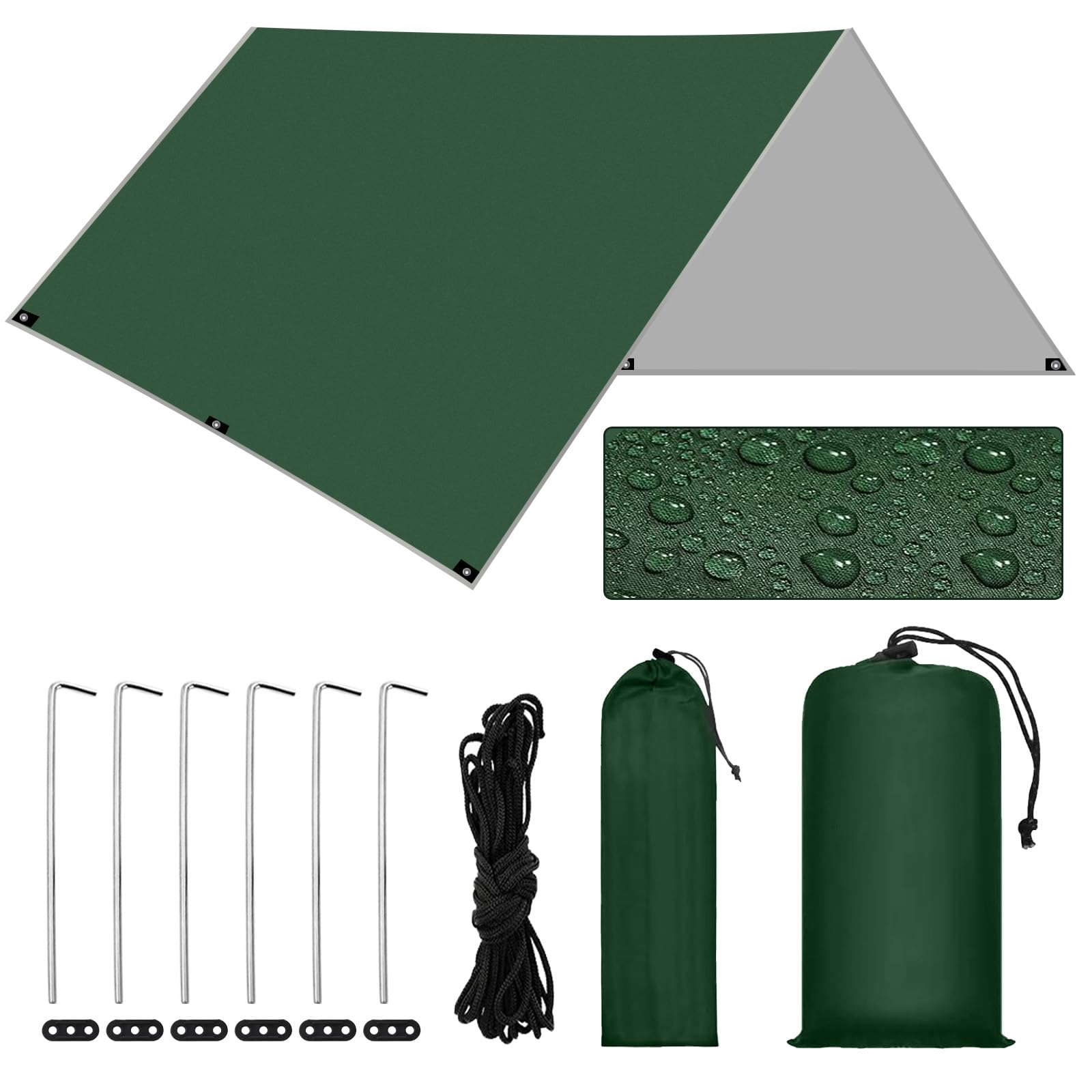 Toldo de Refugio Camping 3x3M, Toldo Camping Impermeable,Tienda de Campaña Tarp con 6 Cuerdas,6 Clavos de Tierra,2 Bolsa de Guarda,Lona Protectora Anti-UV para Vivac, Picnic, Playa, Hamaca
