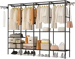 Closet Aberto Modular com 4 Colunas Arara de Roupas Cabideiro de Metal para Quarto ou Loja Guarda-Roupa Sem Portas de Alta Capacidade
