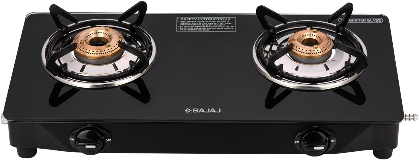 Bajaj Ultra 2 Burner Slim Glass Top Gas Stove | Powder Coated Glass Top Gas Stove | 2-Brass Burners | ISI Certified | Black