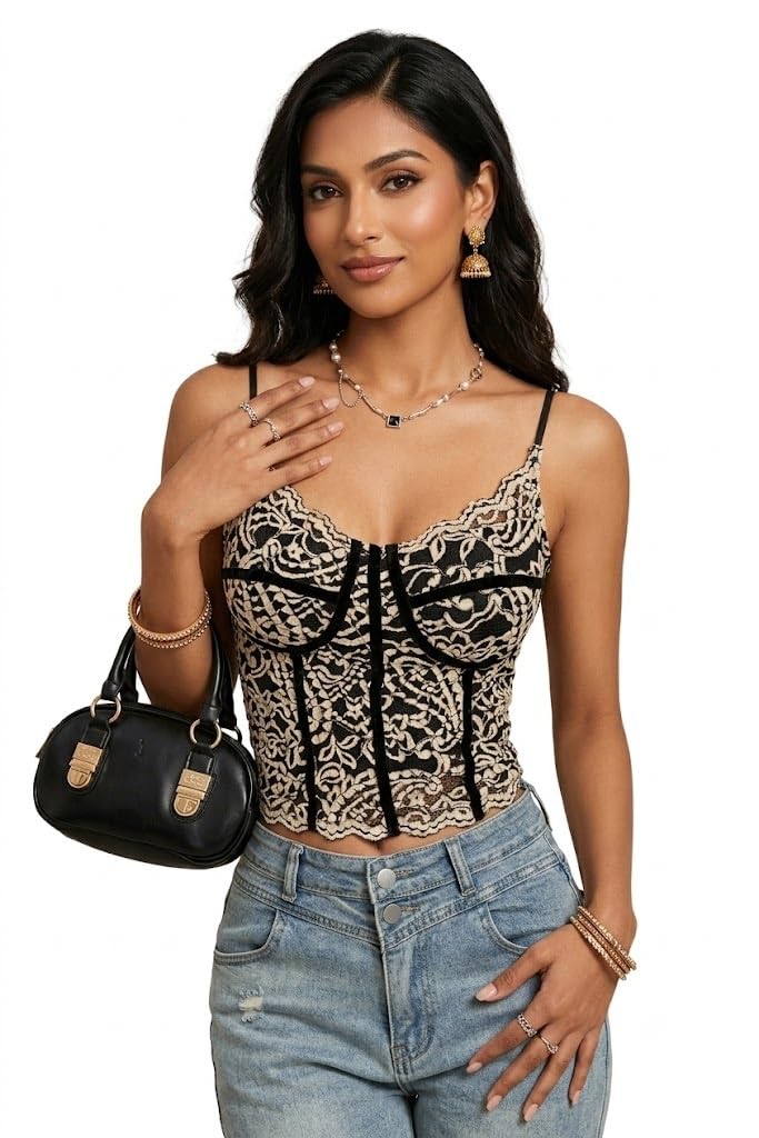 Women’s Floral Lace Corset Top Sleeveless Spaghetti Strap Bustier Camisole Slim Fit Party & Clubwear Top DN5706-image-13