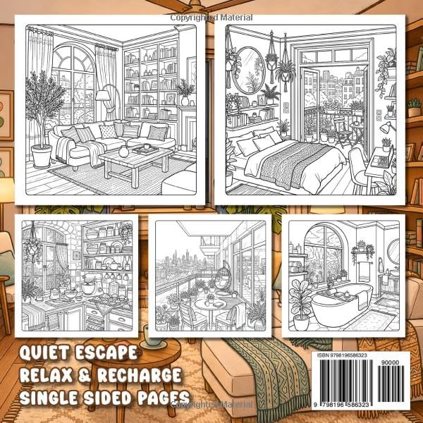 Cozy Home Interior Design Coloring Book For Adults: Relaxing Rooms, Reading Corners, Modern Apartments & Dream Spaces (Peaceful Escapes) image 3