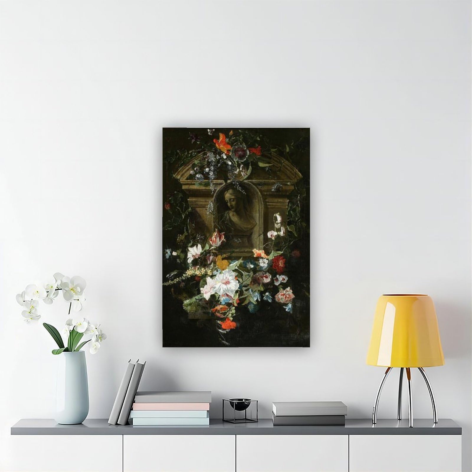Poster su tela con busto di donna in cerchio di fiori (1658) per camera da letto, decorazione regalo