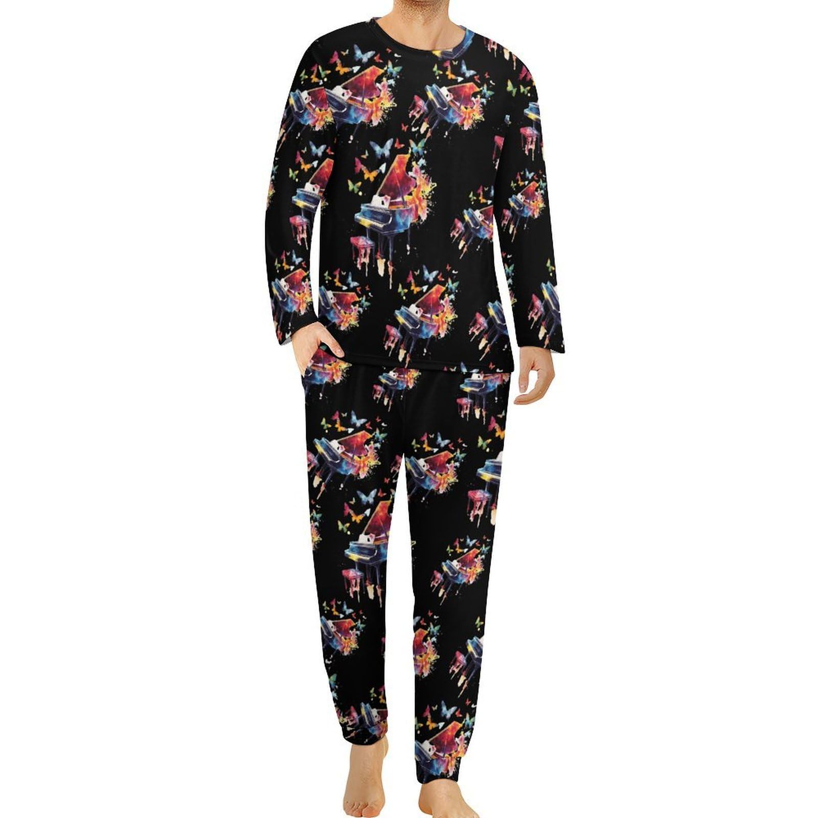 Conjunto de pijama de piano con mariposas voladoras para hombre, cuello redondo, 2 piezas, manga larga, suave parte superior e inferior transpirable para todas las estaciones