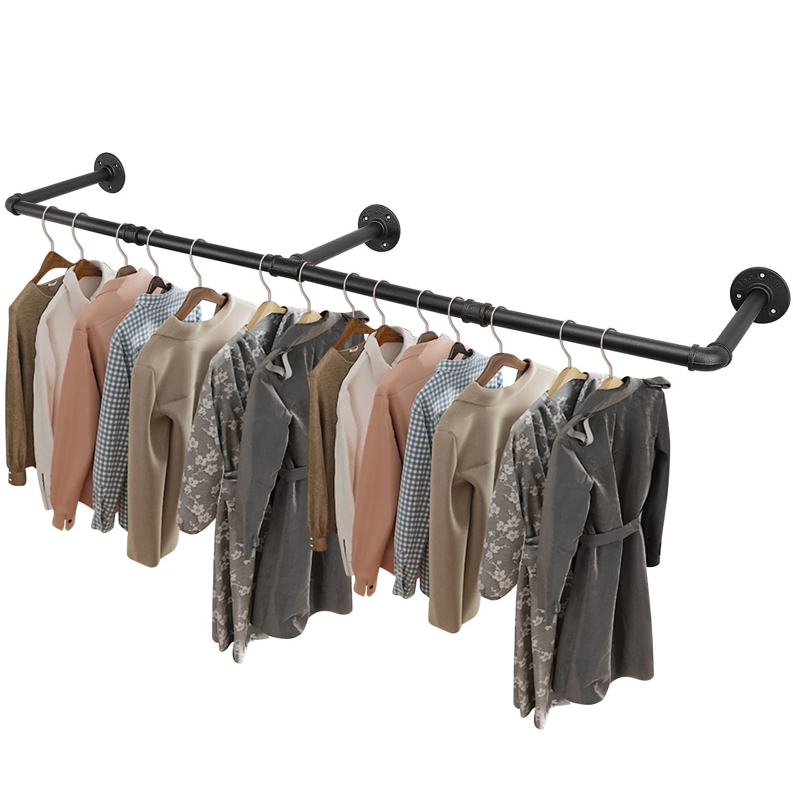 Livabber Industrial Pipe Clothes Rack, Heavy Duty Detachable Iron Garment Rack Wall Mounted, Rustic Saving Space Clothes Bar Multi-Purpose Hanging Rod for Bedroom, Closet, Black (60 Inch)