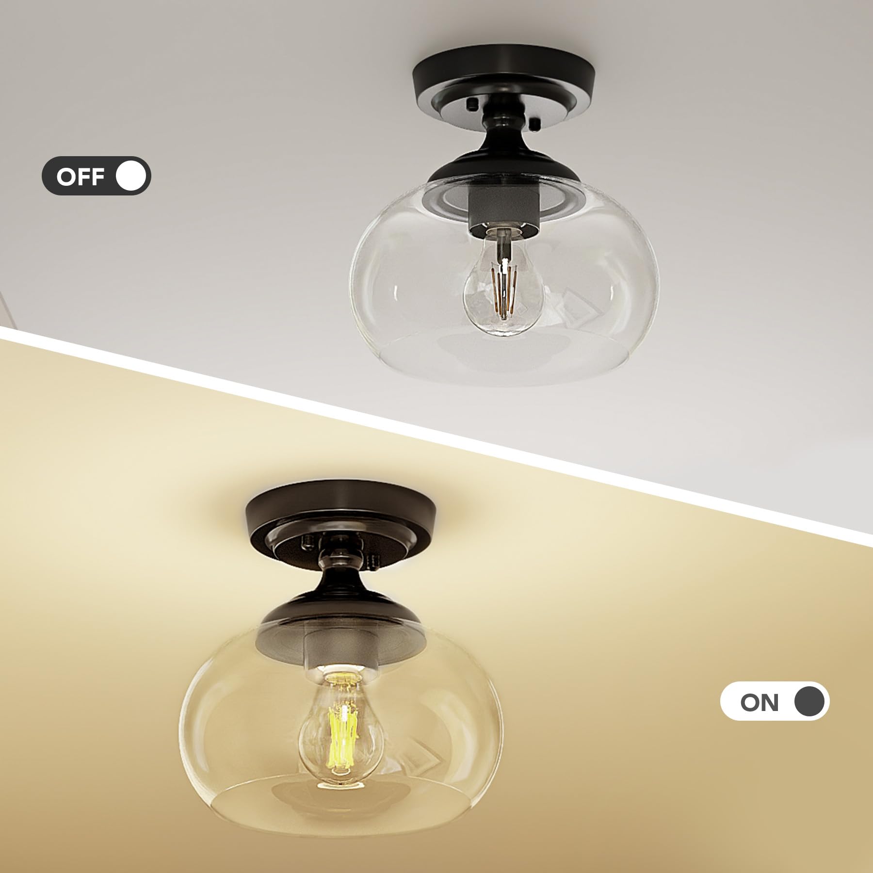 Lámpara de techo industrial semiempotrada, lámpara de techo de 8.3 pulgadas con pantalla de vidrio transparente, iluminación de granja para pasillo, cocina, dormitorio, entrada, lámpara de 3