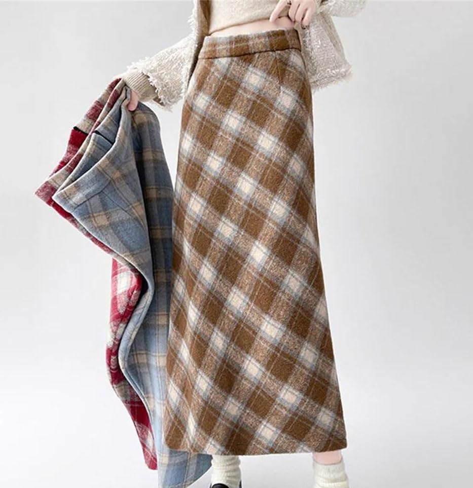 Solid Color Casual High Waist Vintage Slim Fit Plaid Women's Long Skirt2