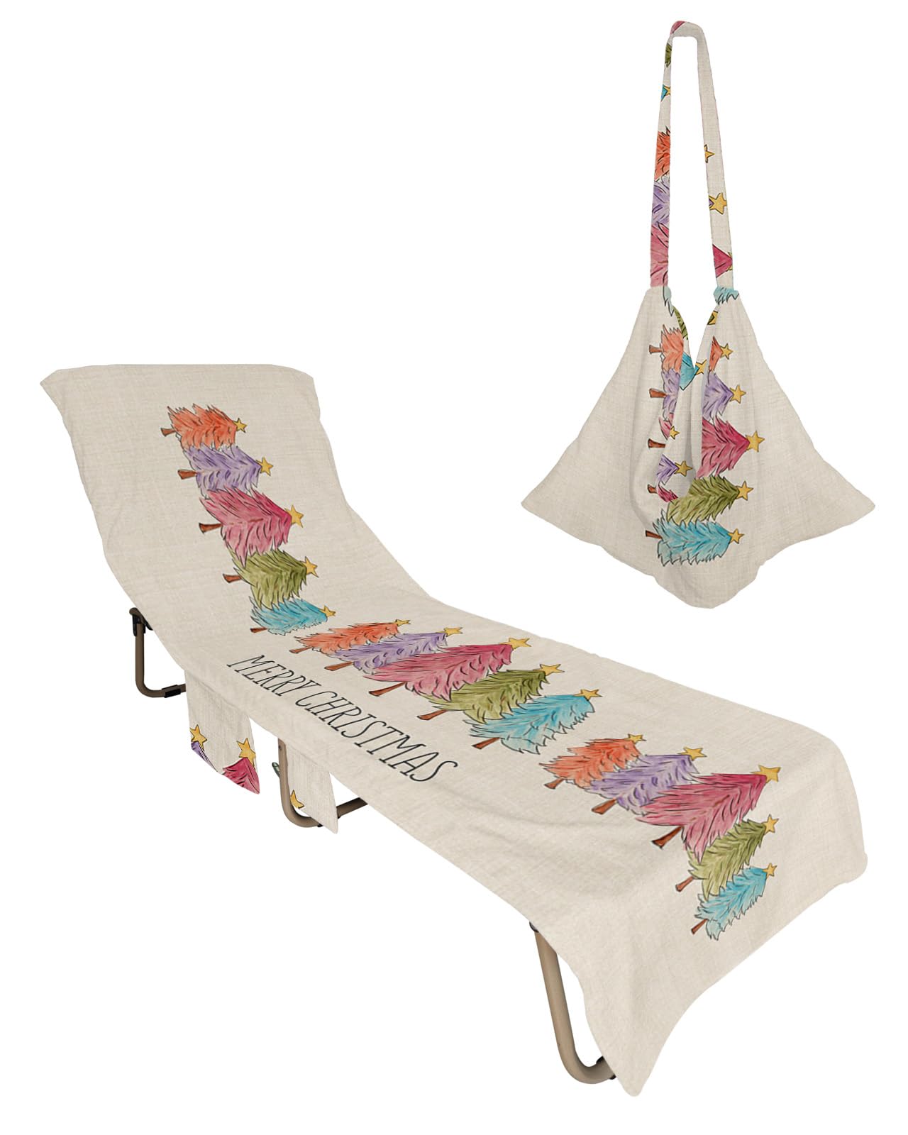 Christmas Tree Beach Lounge Chair Towel Cover, Soft Chaise Lounge Towel with Side Pockets Patio Pool Chairs Cover for Beach/Pool Sunbathing 29x85 Watercolor Colorful Xmas Tree Rustic