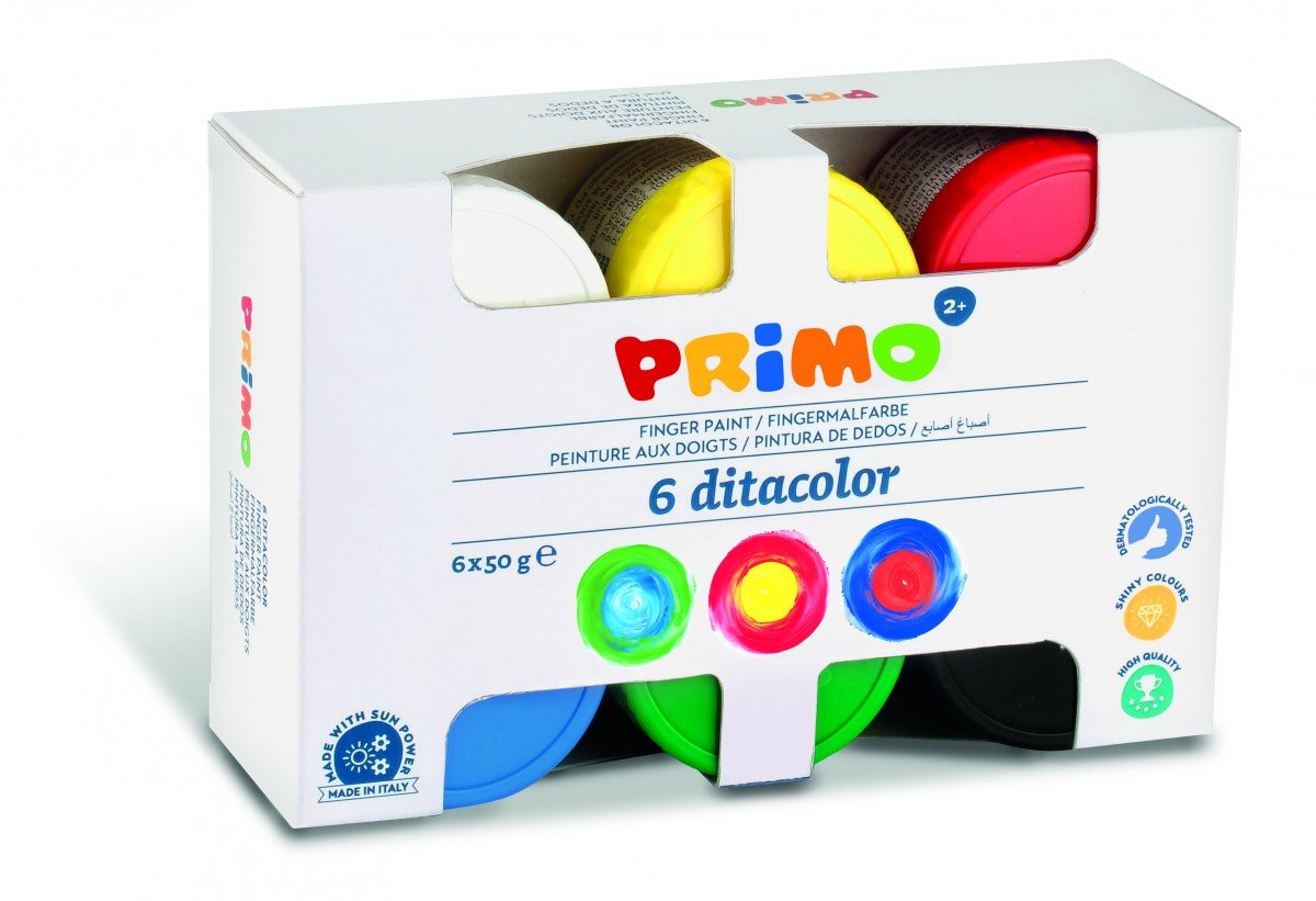Primo Painting Case for Children from 2 Years, Toddler, Finger Paints 50 g with 6 Colours for Paper, Glass, Tempera Painting, Stationery and Creative Work, Dermatologically Tested