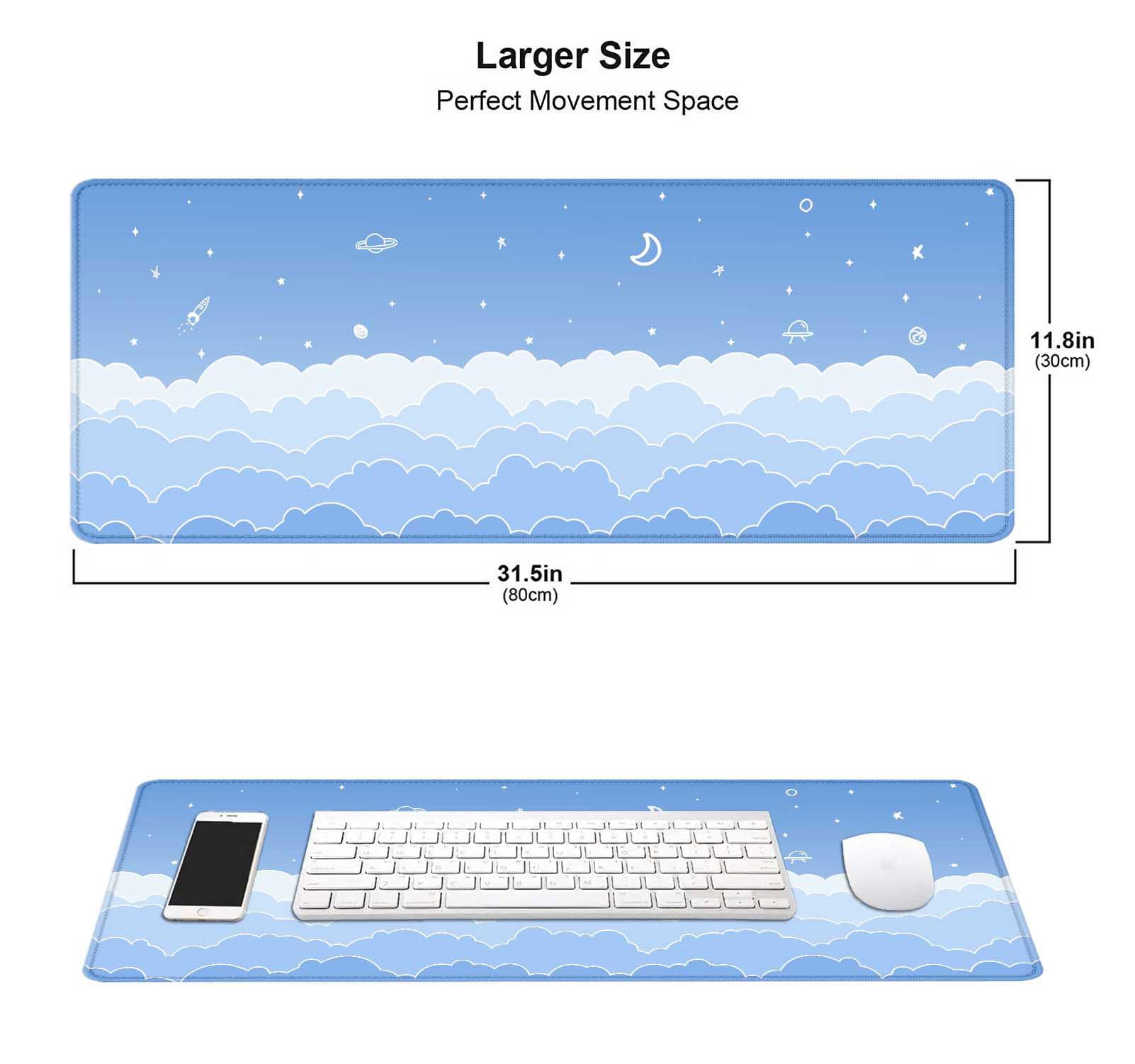 HUOCAIREN Cute Pastel Blue Desk Mat, Minimalist Large Gaming Mouse Pad Mousepad, Kawaii Anime Gaming Deskmat, Gradient White Clouds Computer Pad, Aesthetic Stars Moon Deskpad, 31.5 X 11.8 Inch