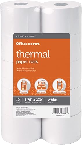 Office Depot Rollos de papel térmico para máquina de adición, 1 34 pulgadas x 230 pies, blanco, paquete de 10 rollos, 554085