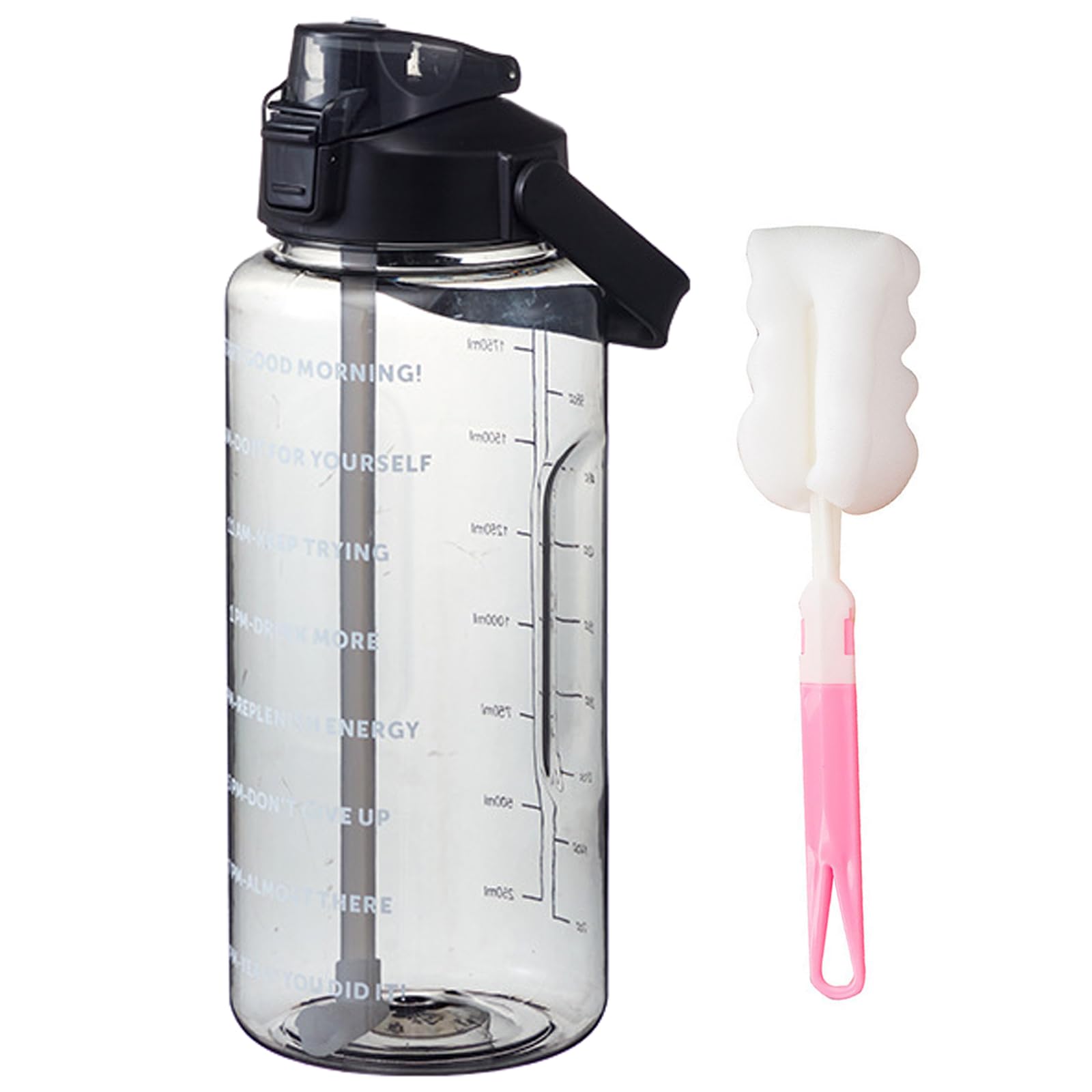 2L Water Bottle with Straw,Clear Leakproof Sports Bottle with Time Markings,Portable Handle Drink Bottles,Heat Resistant Motivational Jug for Gym Hiking Ensure Drinking Throughout The Day (Black)