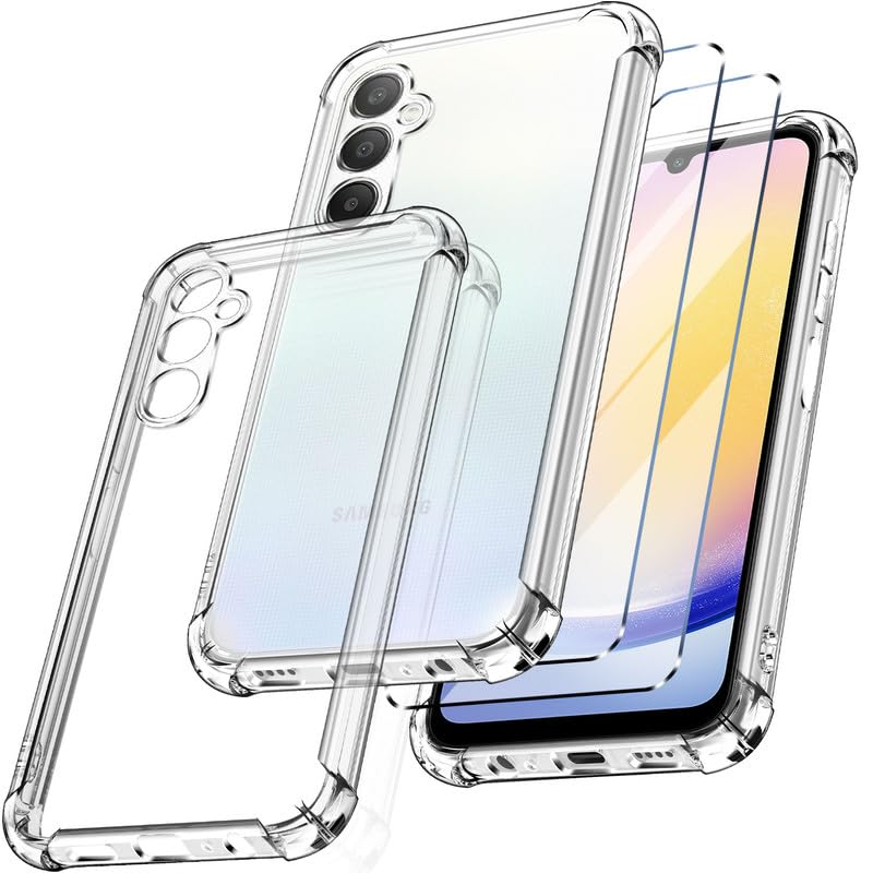 New&Teck Cover per Samsung Galaxy A25 5G + 2 Vetro temperato Protezione Schermo, Custodia in Silicone TPU Morbido, Antiurto con Angoli rinforzati Protezione Chiara (trasp