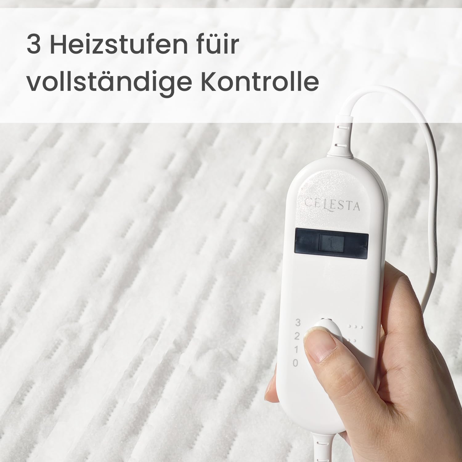 CELESTA Wärmeunterbett 150x80cm, Heizdecke mit 3 Temperaturstufen, LED-Controller & Überhitzungsschutz, maschinenwaschbar & atmungsaktiv, Weiß