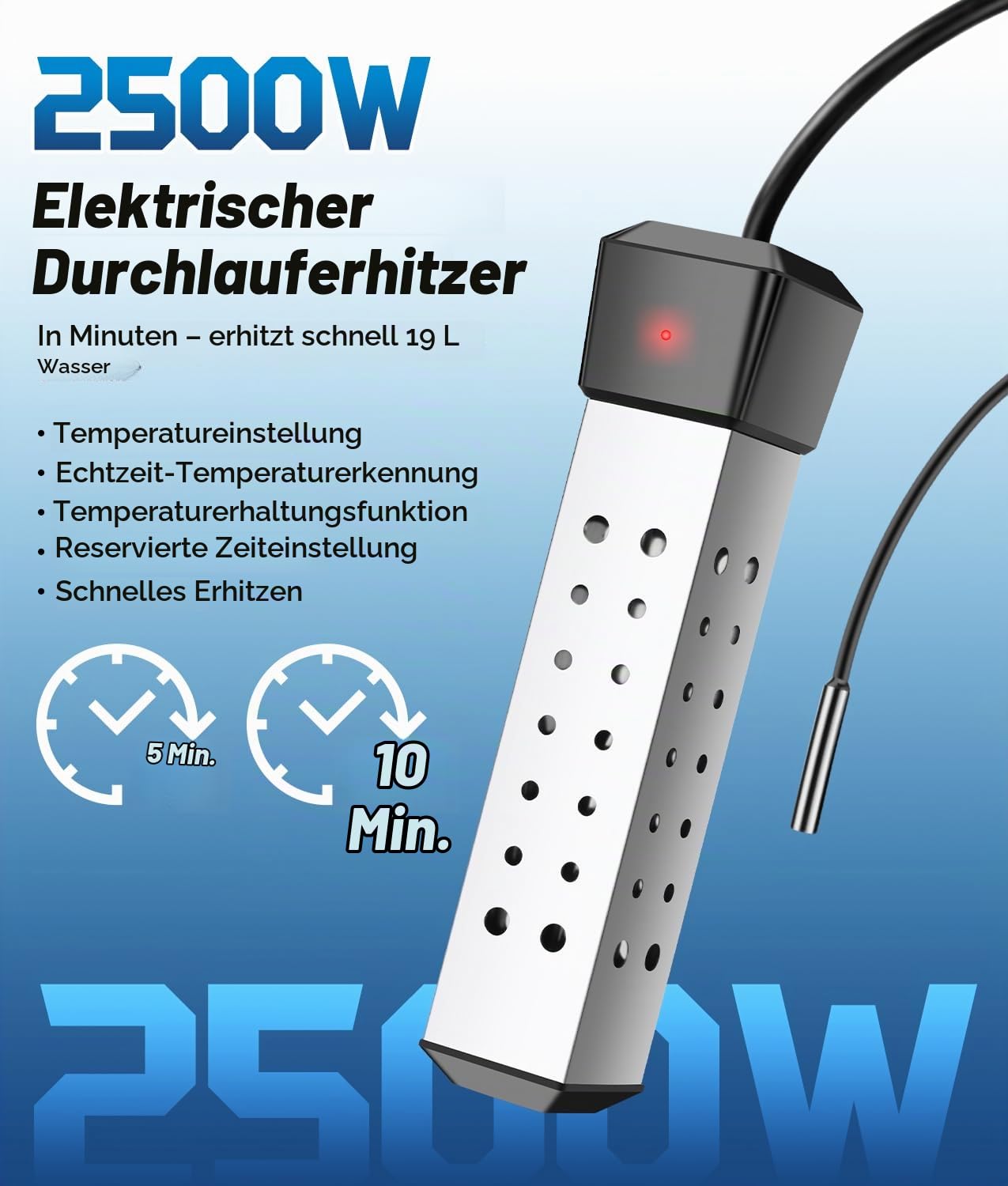 WADEO Tauchsieder 2500W mit Digitaldisplay und Isoliergriff, Elektrischer Tauchwasserbereiter Wassererhitzer, Präzise Temperaturregelung, Tragbarer Wasserkocher Edelstahl für Camping, Reise, Notfälle