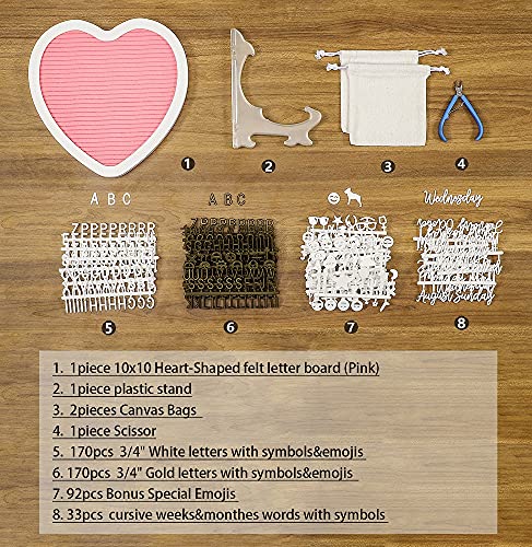 G Gamit Heart-Shaped Felt Letter Board Message Sign - 10X10 Inches Message Board With 465 Changeable White&Golden Letters,Numbers,Cursive Words And Stand For Party,Baby Announcement,Wedding,Pregnancy,Wall&Tabletop Decor (Pink) #TOP1