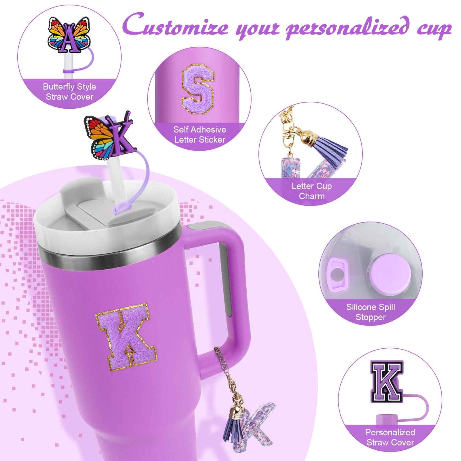 Stanley Cup Accessories Set For Tumbler Stanley, Including 10mm Butterfly Straw Cover, Cup Letter Charms, Bling Silicone Boot, Letter Sticker And Butterfly Embroidered Sticker (Lilac Purple, Letter A