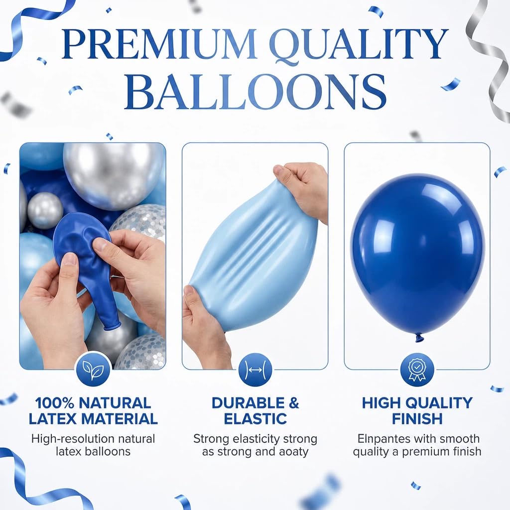 Juego de 2 soportes para globos, soporte de columna para globos con confeti dorado azul marino metálico plateado y azul mezclado para cumpleaños, boda, baby shower, graduación, decoración de fiesta de