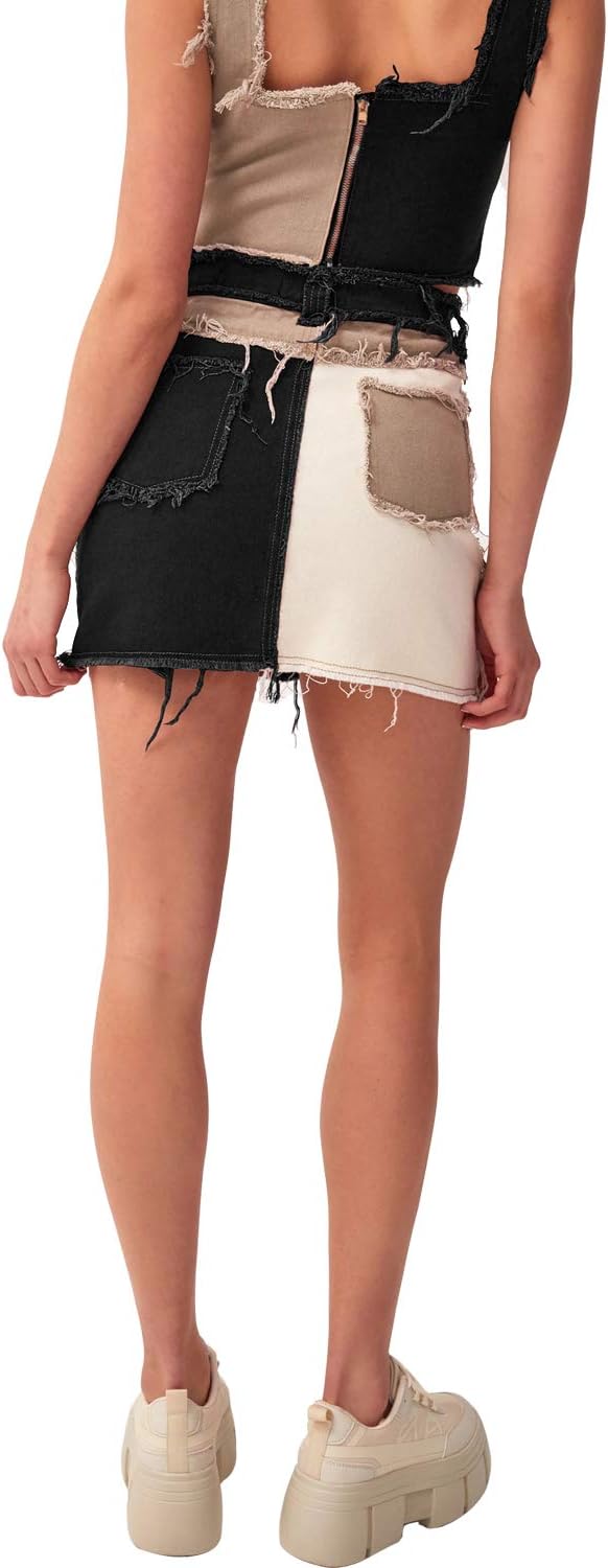 Tulucky Womens Fashion Mid-Rise Color Blocking Patchwork Ripped Stretch Denim Skirts