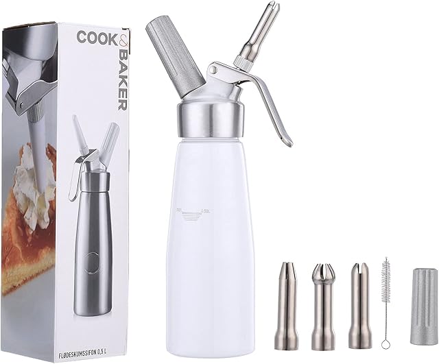 MISNODE Professional Aluminum Whipped Cream Dispenser, 500 Ml Homemade Whipped Cream Maker with 3 Decorating Nozzles 1 Cleaning Brush, Great for Homemade Desserts