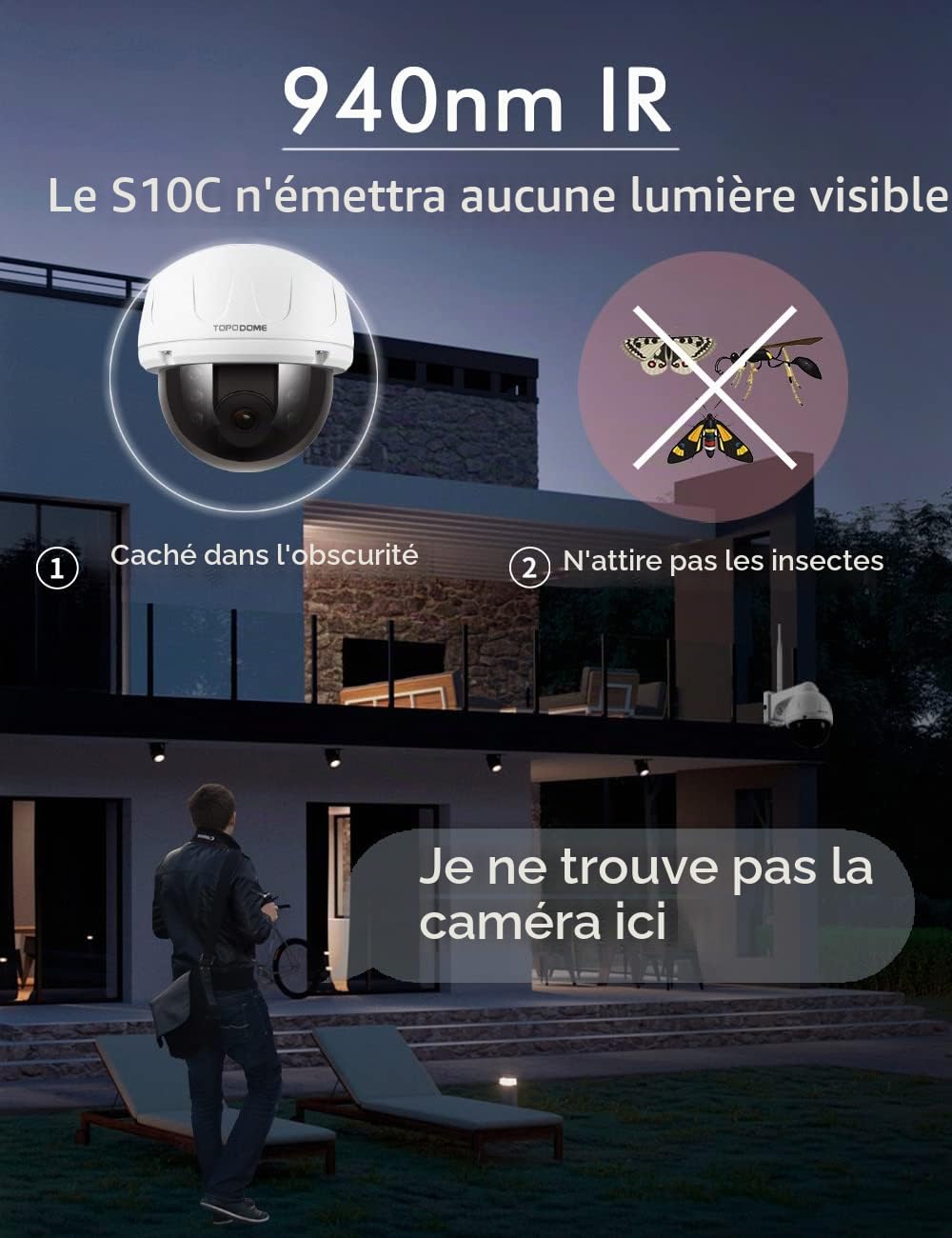 S10C 5MP 940nm IR Caméra IP WiFi Extérieure Dôme Pan Tilt | Détection Humaine, Suivi Automatique, Audio Bidirectionnel, Carte SD 32G Incluse, Vision Nocturne, RTSP, 360° Vision, IP66