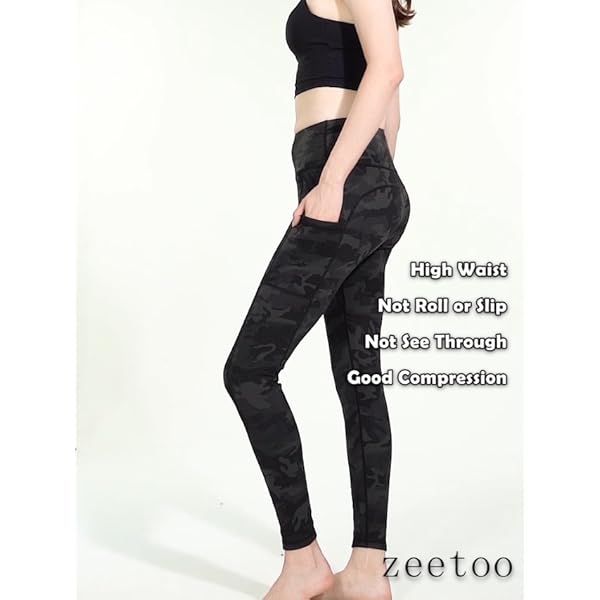 zeetoo High Waist Leggings for Women with 3 Pockets 4-Way Stretch Tummy Control Leggings for Yoga Workout Running Cycling Gym Camo Black Medium