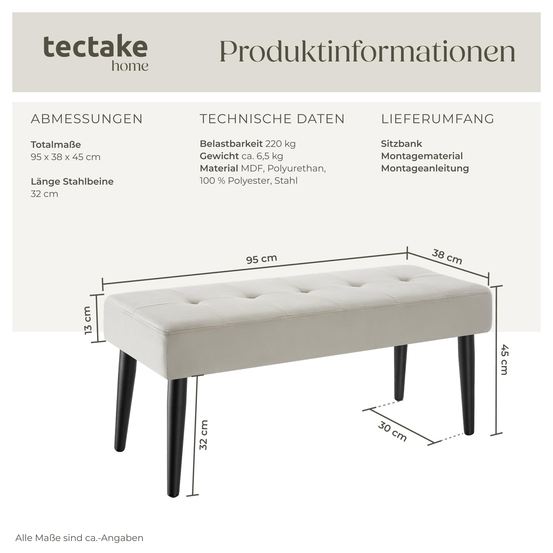 TecTake® Sitzbank, 95 x 38 x 45 cm, edles Steppmuster, belastbar bis 220 kg, gepolstert, bodenschonende Kappen, pflegeleicht, Polsterbank, Bank, Sitzgelegenheit, Flurmöbel - Samtoptik Taupe