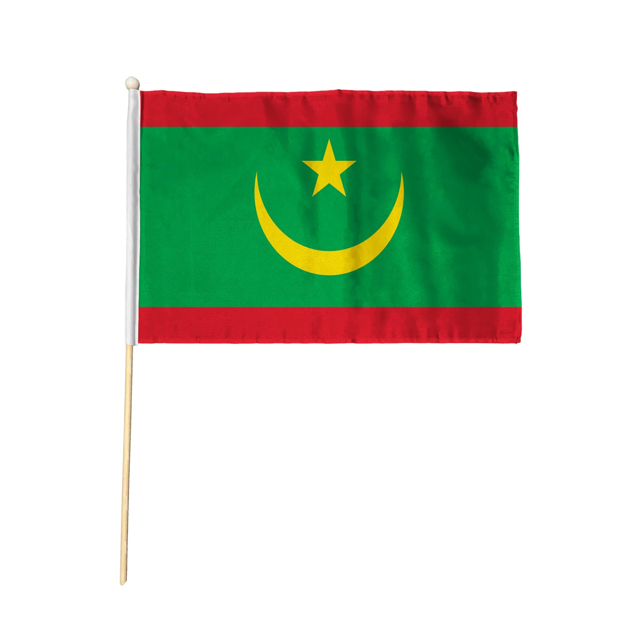 Flagtex Mauritania (New) Pack of 2 Hand Waving Flag (9x6 Inch) - Premium Wooden Stick Hand Flag Natural Wood Pole Mauritanian National Flag