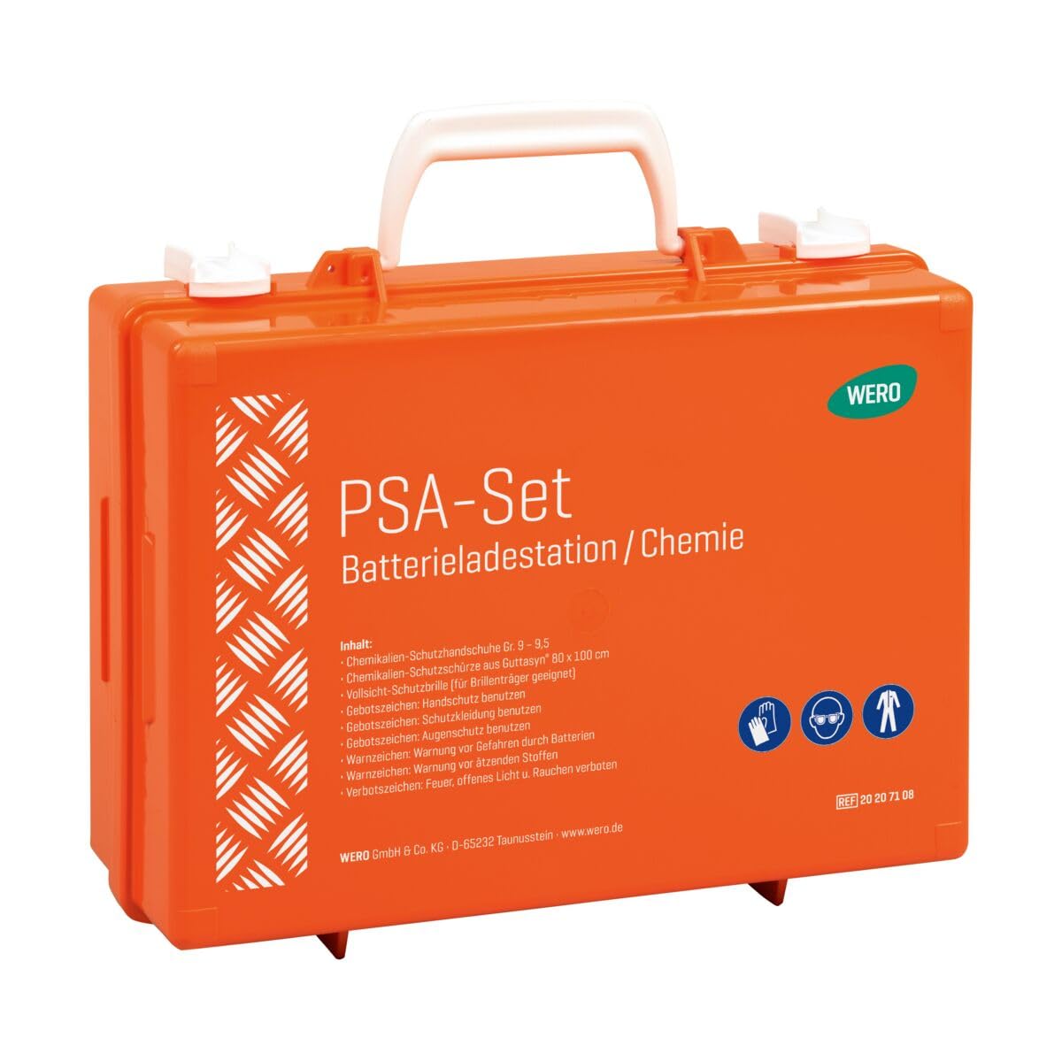 Werotop® 350 Erste-Hilfe-Koffer PSA-Set Batterieladestation/Chemie | mit Chemikalien-Schutzhandschuhen, Schutzschürze, Schutzbrille und Warn- und Gebotszeichen