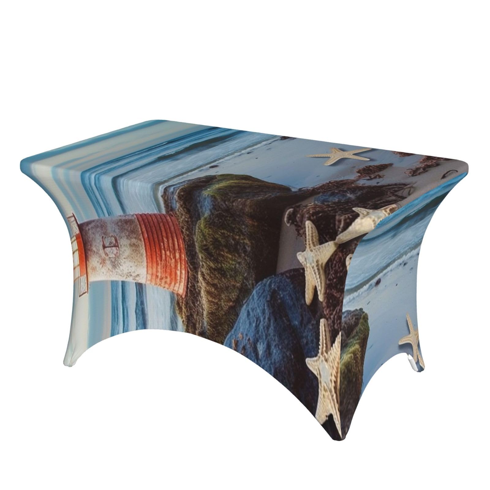 LKTPSKQRY 4ft Spandex Table Cloth For Rectangle Tables, Wrinkle Resistant Stretch Tablecloths Protector Starfish Lighthouse Beach Washable Patio Table Cover For Wedding, Party, Banquet, Picnic