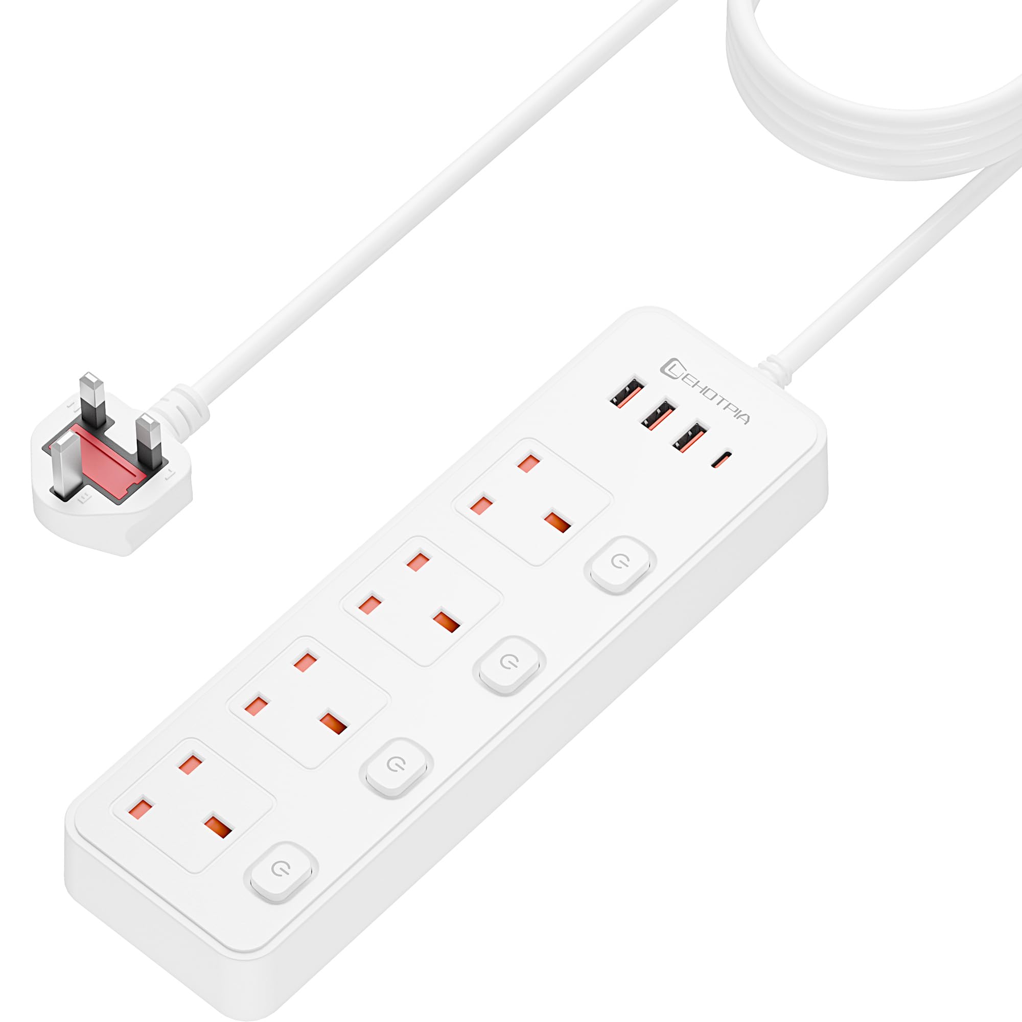 1.8M/5.9FT Extension Lead 4 AC Way, Protected Extension Cord With Individual Switches, UK Plug Power With Fast Charger 3 USB+1 Type-C Slots, Power Strip for Home Office (White)