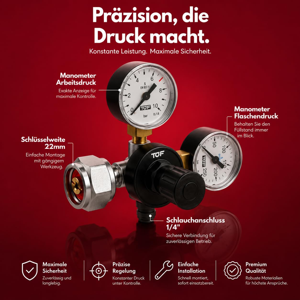 Umrüst-Set CO2 Druckminderer für große CO2 Mehrwegflaschen 2kg, 4kg, 6kg, 10kg geeignet für Quooker Cube | Große Kohlensäurezylinder für Quooker Cube |