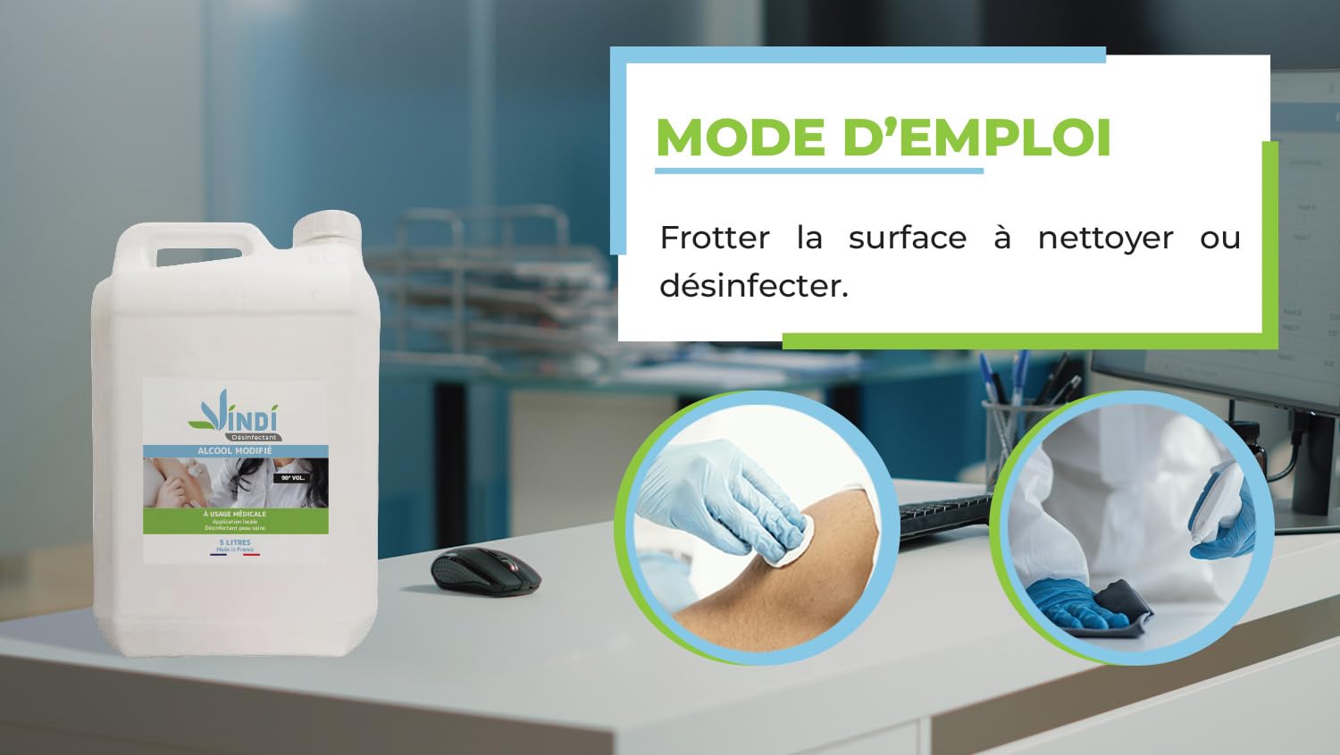 Vindi Désinfectant Alcool modifié 90°- Bidon de 5L - Fabrication Française - Désinfection peau saine et ustensiles médicaux