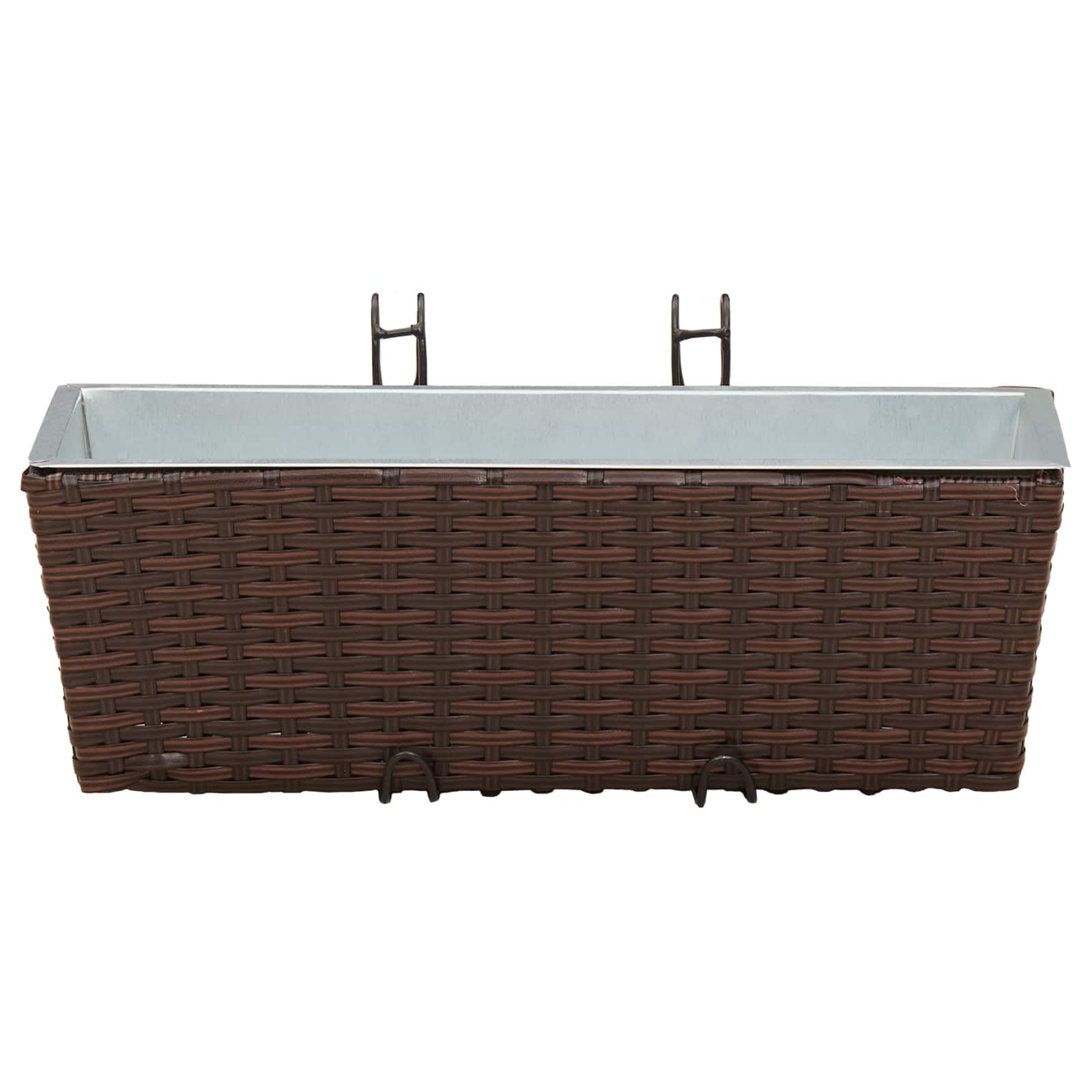 Metalowa donica balkonowa, 50 x 17 x 17 cm, z haczykami, o wyglądzie rattanu, doniczka na taras, do ogrodu, na balkon, odporna na promieniowanie UV, wszechstronne zastosowanie, dekoracyjna