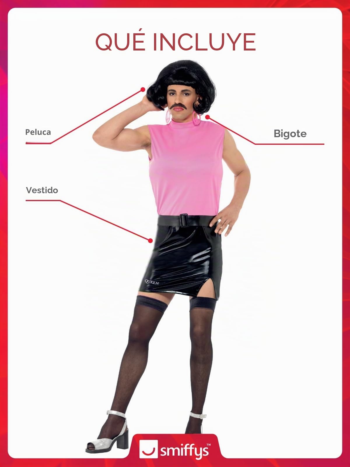 Smiffys Queen, ama de casa sin Descanso, Rosa y Negro con Vestido, Peluca y Bigote, Disfraz de Reina con Licencia Oficial, Disfraz de los años 70