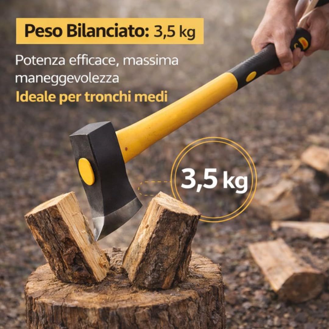 Alte Scure/Mazza 3,5 kg in Acciaio Forgiato – Manico in Fibra di Vetro Antiscivolo – Strumento Giardinaggio, Spaccalegna & Campeggio
