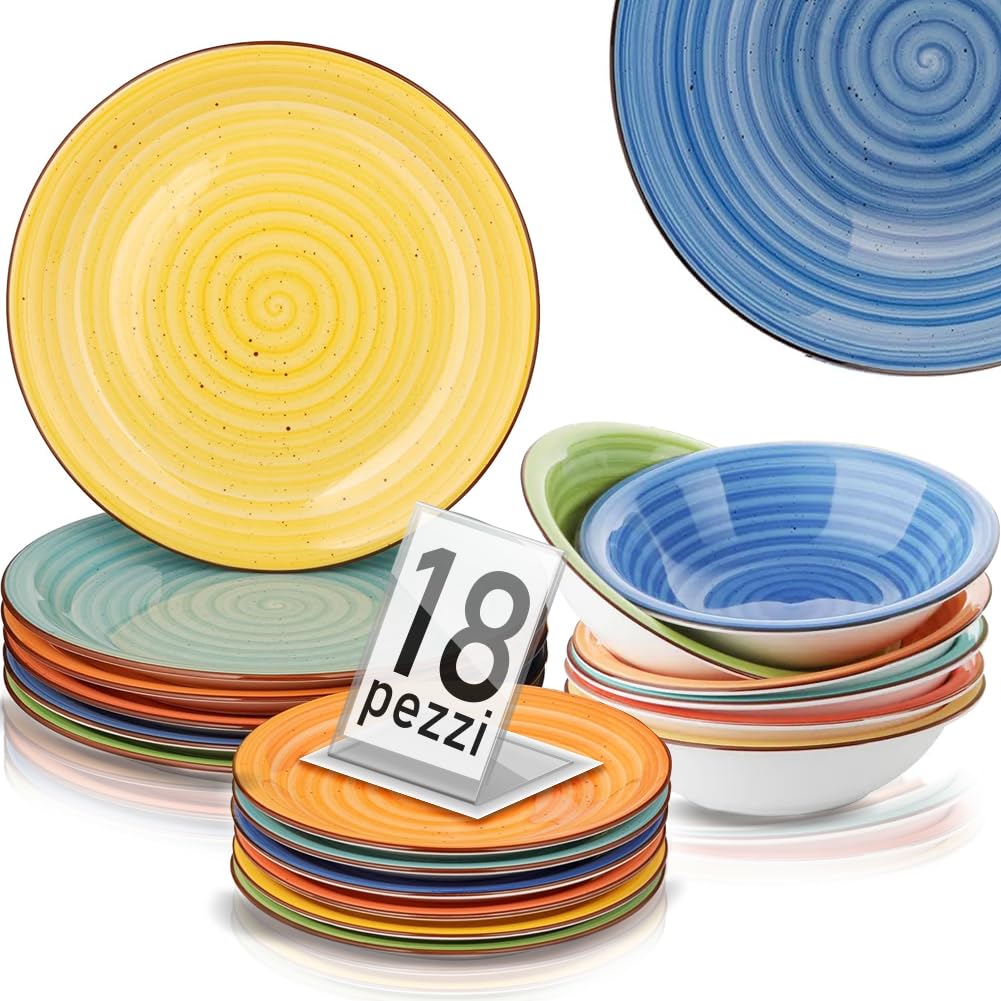 Shally Dogan Service d'assiettes pour 6 personnes en céramique multicolore, lot de 18 pièces servi de table colorée en grès cérame, assiette, assiette, fruits ou sucrés, accessoires de cuisine design