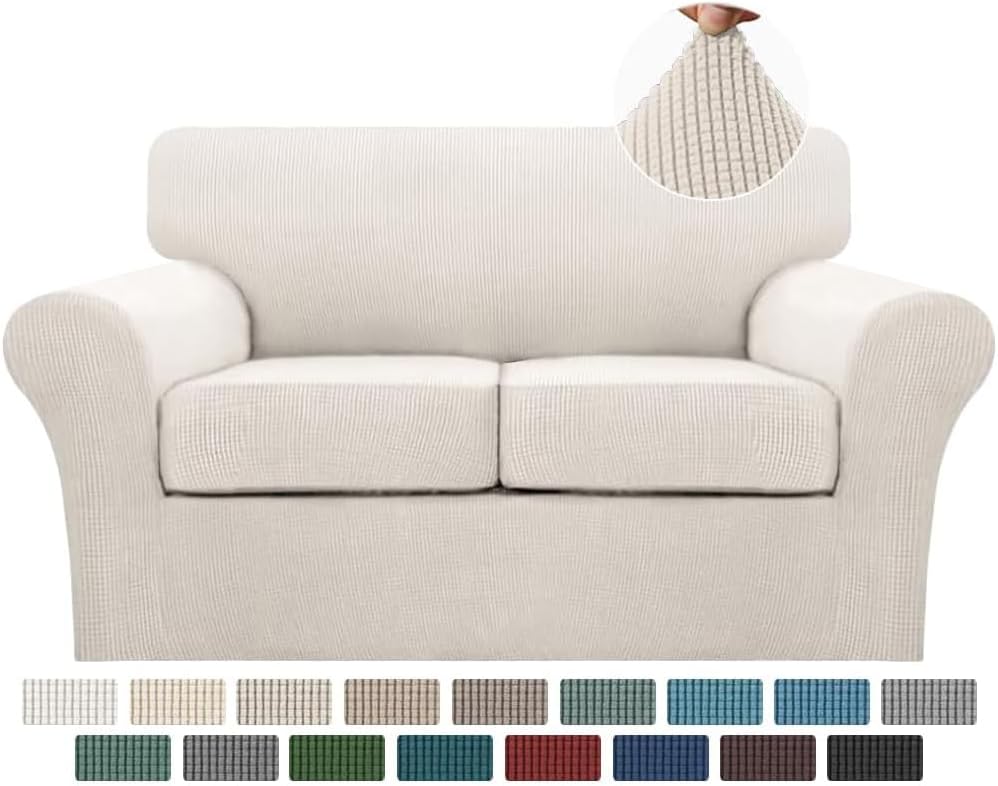 Turquoize 3 Piece Sofa Covers for 2 Cushion Couch Sofa Slipcover Soft Couch Cover for Dogs-Washable Sofa Furniture Covers with 2 Individual Cushion Covers, Thick Jacquard Fabric (Loveseat, Ivory) Loveseat (2 Cushion) Ivory