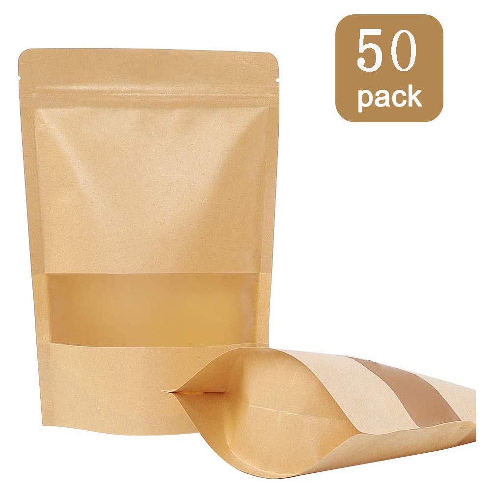 YFOX 50 Pieces Kraft Paper Bag Zip Small Paper Bag with Window Food Ziplock Bag-Suitable for Dried Fruit Coffee Tea Seeds (12x20cm)