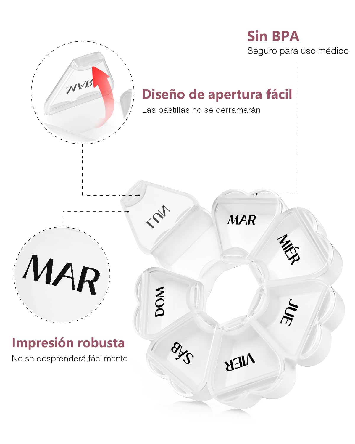 FHORAIN Pilulier rond en forme de cœur avec 7 grands compartiments pour la semaine, organisateur de vitamines (blanc)