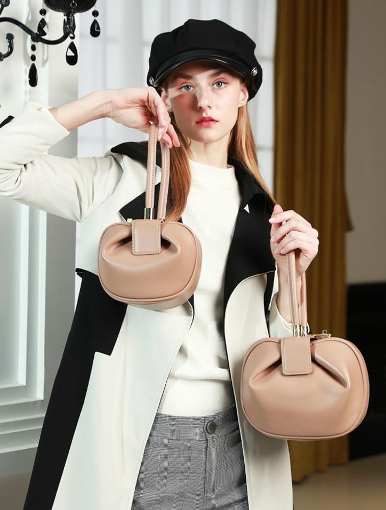 Women's Trendy Genuine Leather Clutch Purse Sphere Wristlet Handbags Mini Tote Bag Elegant Ladies Shoulder Satchels