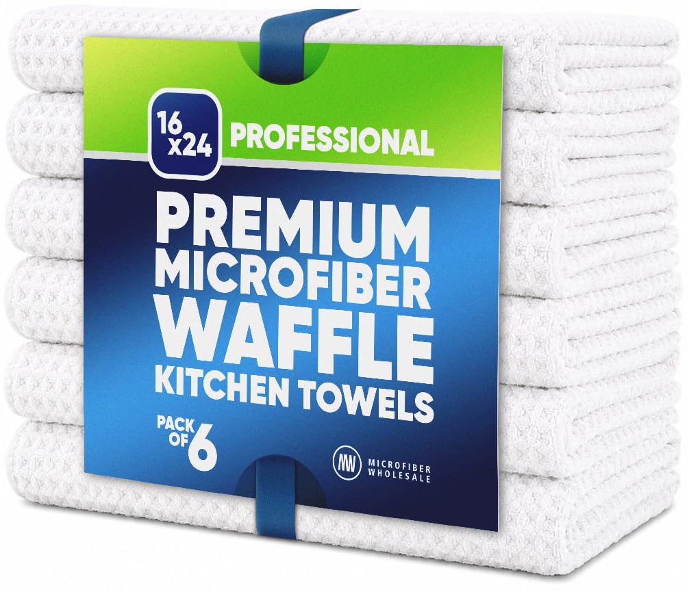 Toallas de cocina – Toallas de microfibra de tejido gofre | Blanco | 16 x 24 pulgadas (paquete de 6) | Absorbentes, sin pelusa, gruesas, reutilizables, comerciales, suaves, de mano, té, vidrio, bar,
