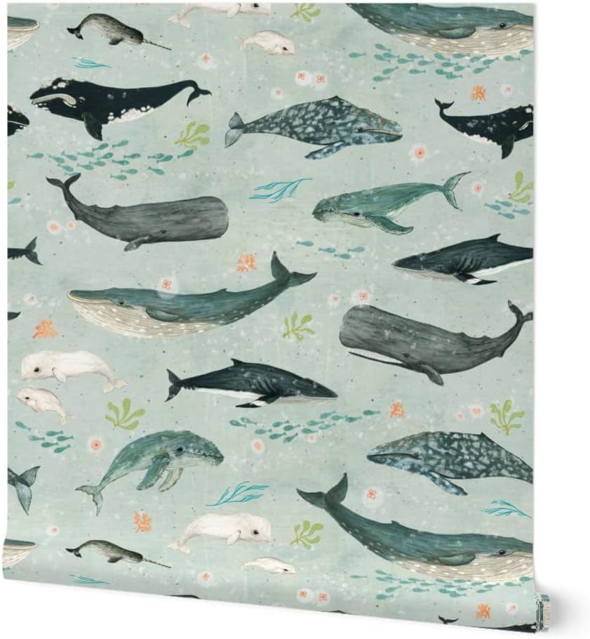 Removable Wallpaper 12ft x 2ft - Whale Whales Green Blue Orange Fish Sea Ocean Custom Pre-Pasted Wallpaper by Spoonflower