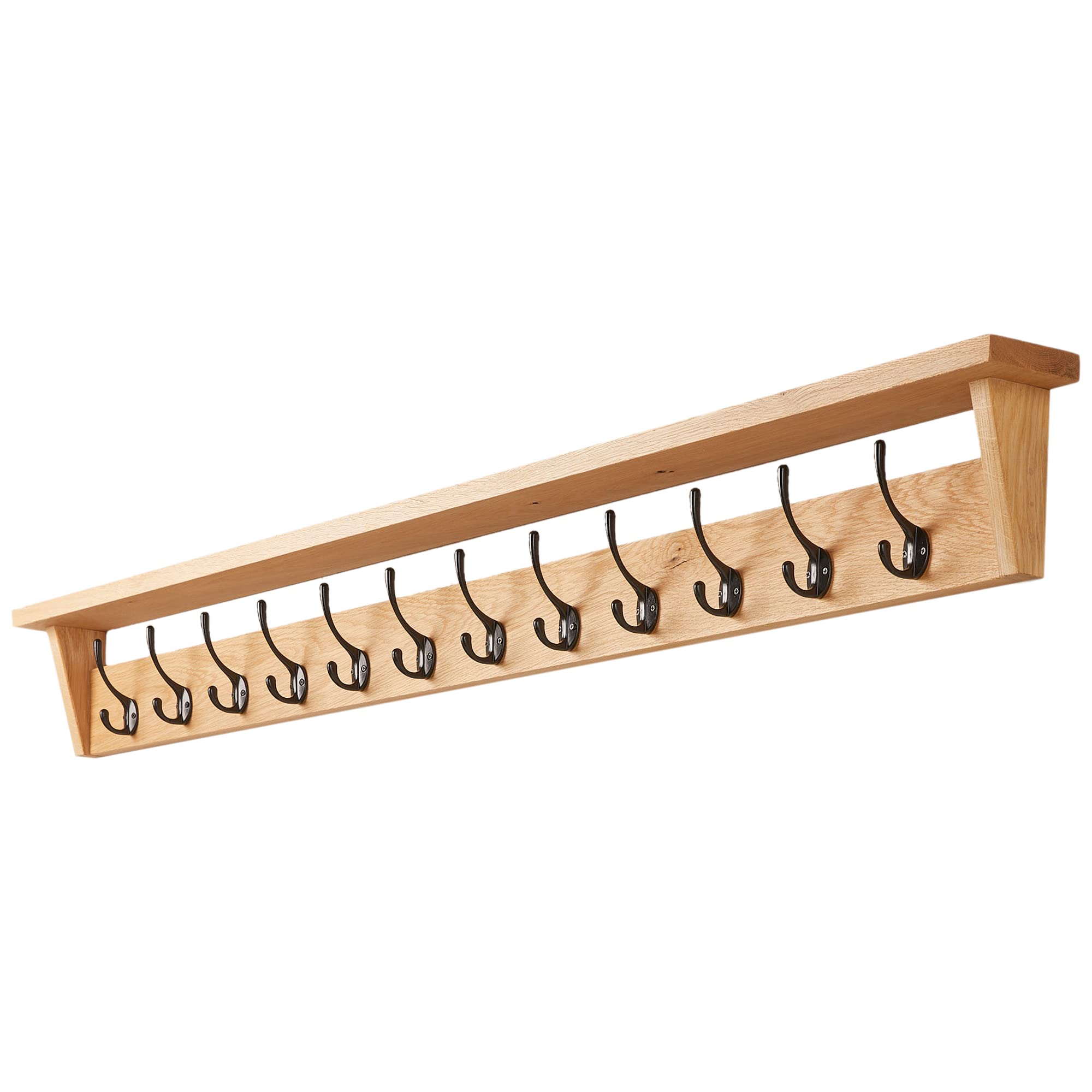 Fox And Grain Brown Solid Oak Coat Rack (12 Hooks) | Wall Mounted Coat Hooks With Shelf For Display/Storage | Wooden Stylish & Versatile Hallway Decor | Heavy Duty Double Hooks | Handcrafted In The Uk