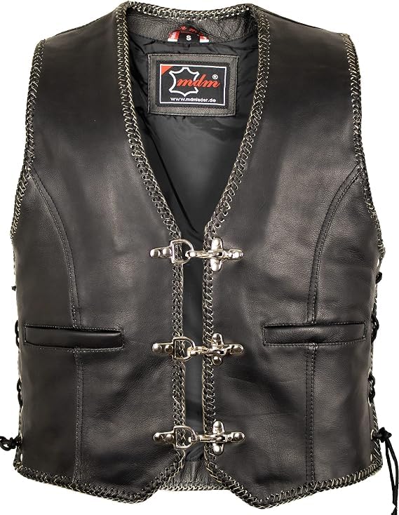 MDM Gilet in Pelle da Moto Uomo con Incisione Laser Teschio – Biker Nero Senza Maniche con Fibbia e Lacci Laterali