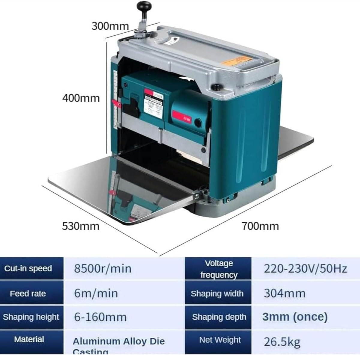 Strugarka stołowa, 1850 W, wytrzymała strugarka do drewna, 8500 obr./min 15 AMP, wielofunkcyjna, prędkość strugania 6 m/min