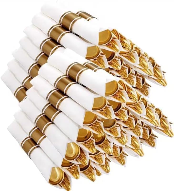 Joyido 400PCS Pre Rolled Gold Plastic Silverware Sets - Heavy Duty Gold Cutlery - Include 100 Pack Wrapped Disposable Utensils with Napkins for Parties Dinners & Weddings