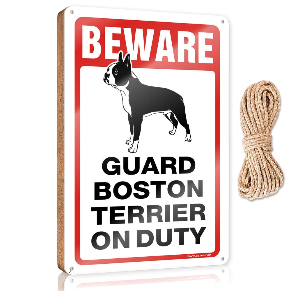 DTHA Spring Signs For Front Porch Beware! Guard Boston Terrier On Duty Wooden Sign Small Wooden Signs With Sayings Apartment Decor(23X35CM)
