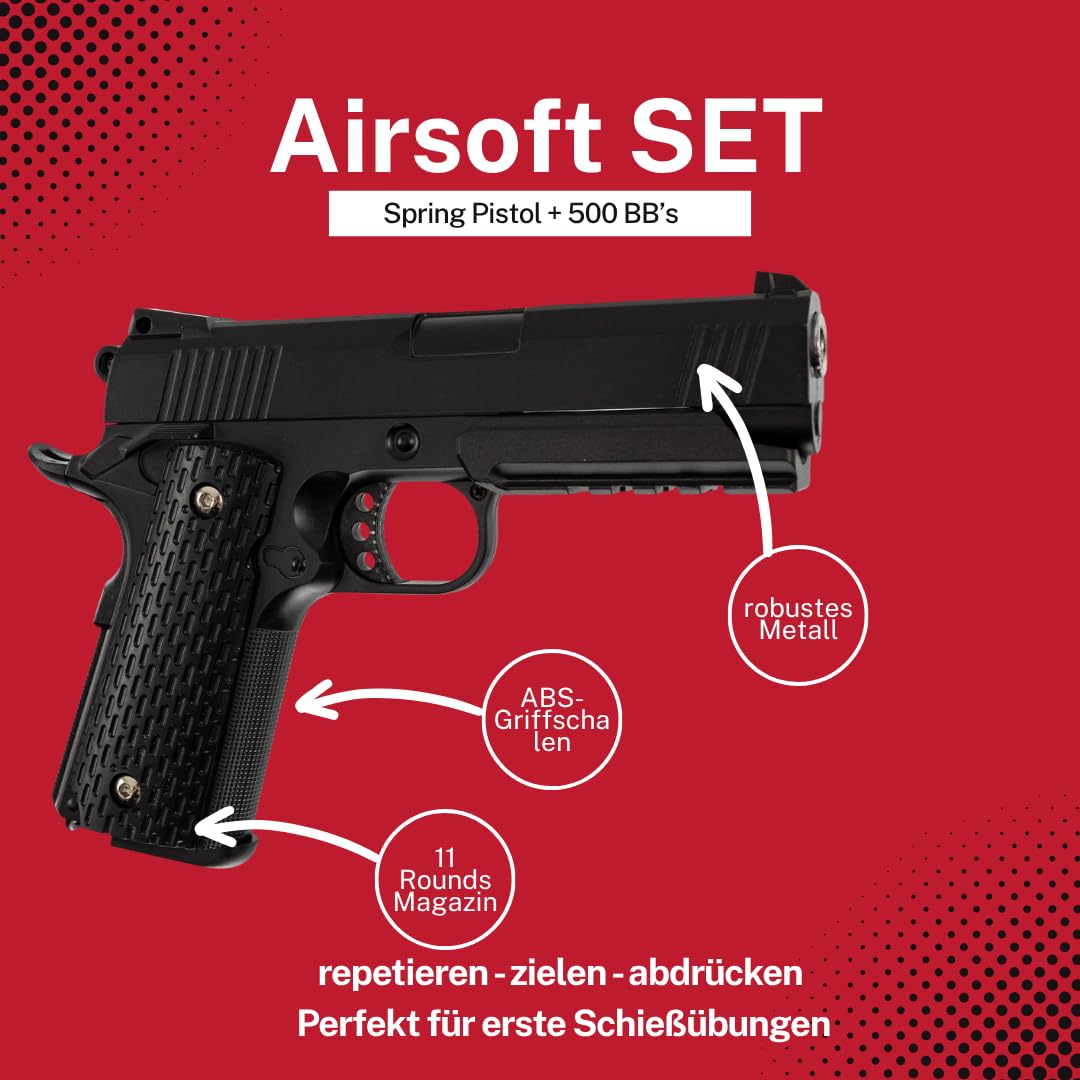 Softair Pistole Set Galaxy G25 Warrior 6mm Federdruck ab 14 Jahren unter 0,5 Joule Vollmetall Nachbildung 1911 mit Magazin und 500 OpTacs BBS für Einsteiger Airsoft