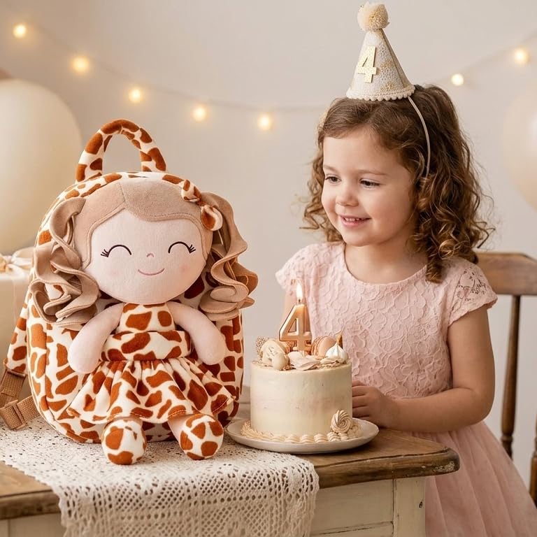 Image of Gloveleya Toddler Girls Backpacks Soft Doll Backpack for Kids Curly Hair Dolls for Girls Giraffe 9 inches