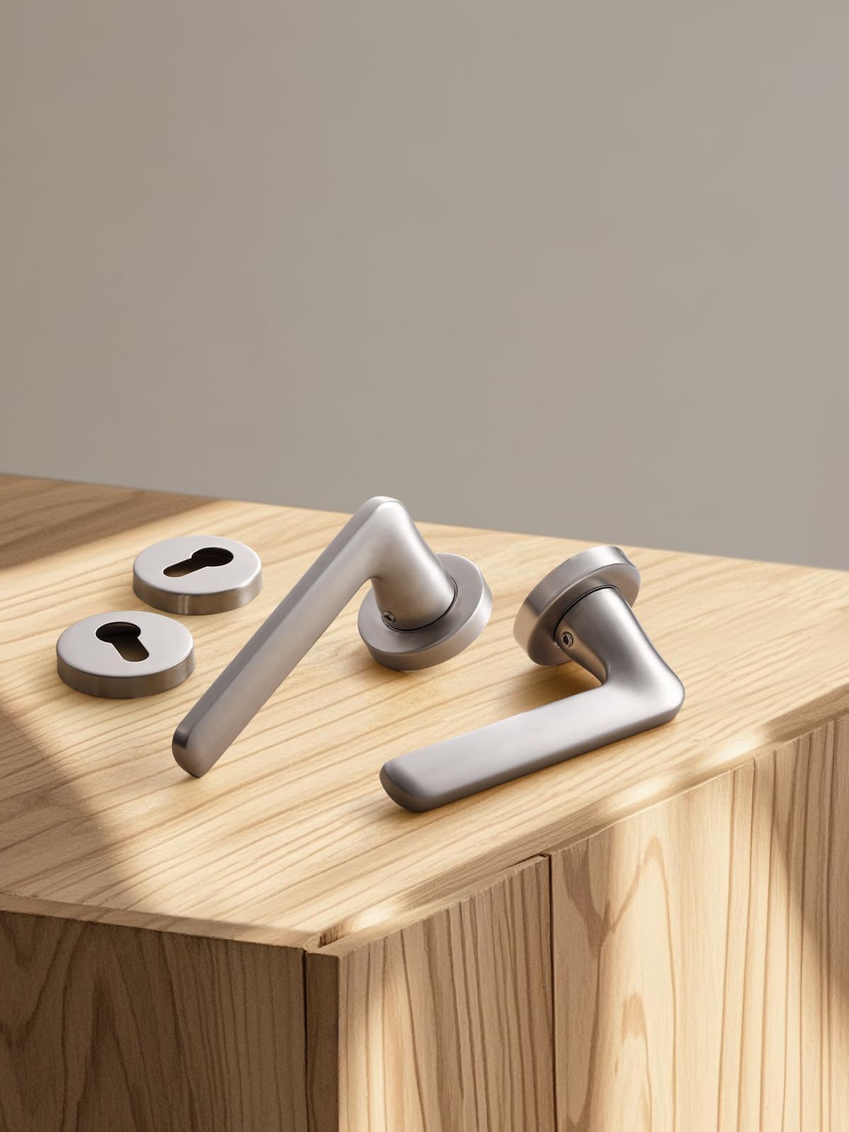 SORWDUERM Nickel Door Handle Set, Matte Brushed Stainless Steel, L Shape Round Rosette PZ Profile Cylinder for Front & Interior Doors - Image 2